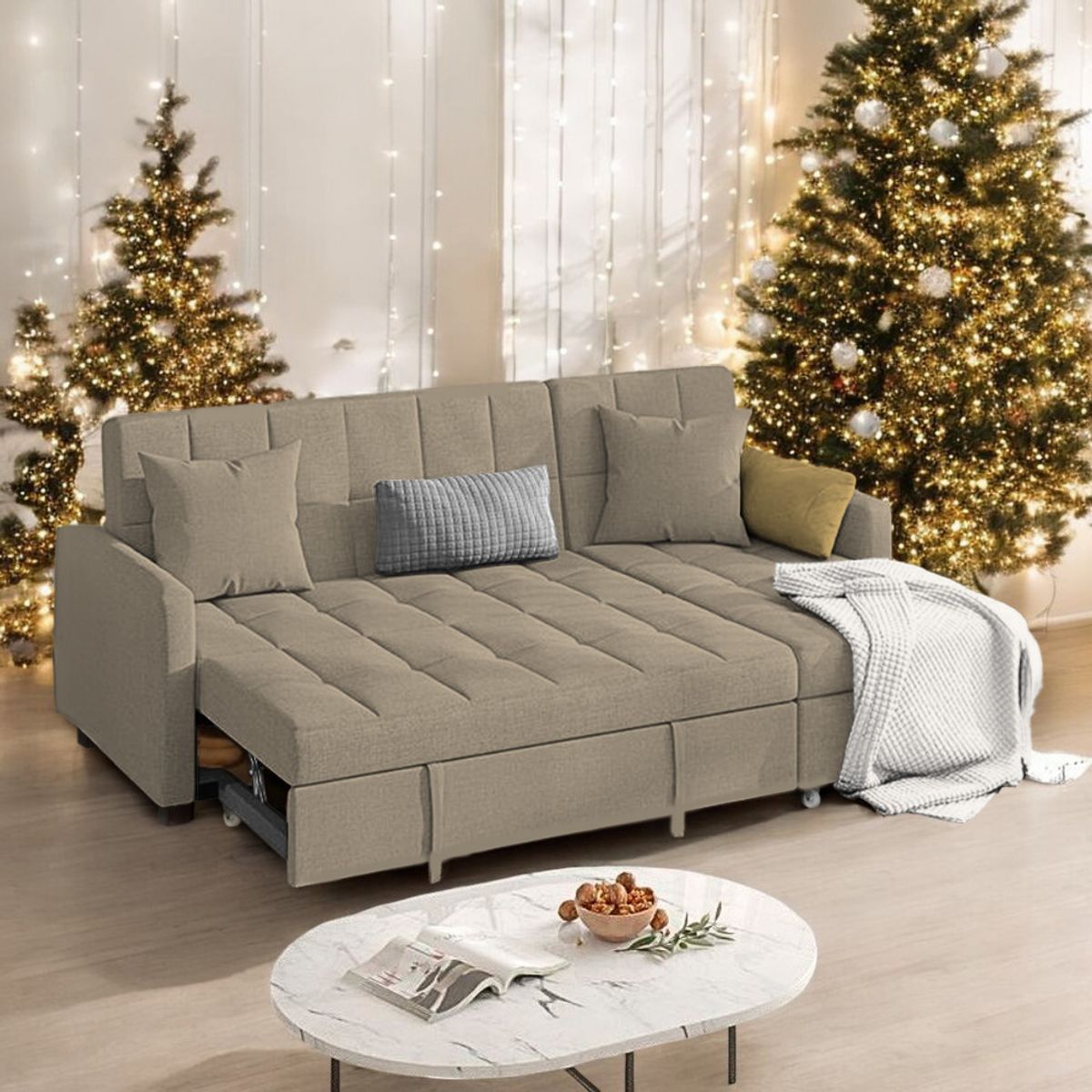 BARAKA HOME - Sofá Cama Multifuncional Rosoman con Almohadas 3 cuerpos - Beige Claro