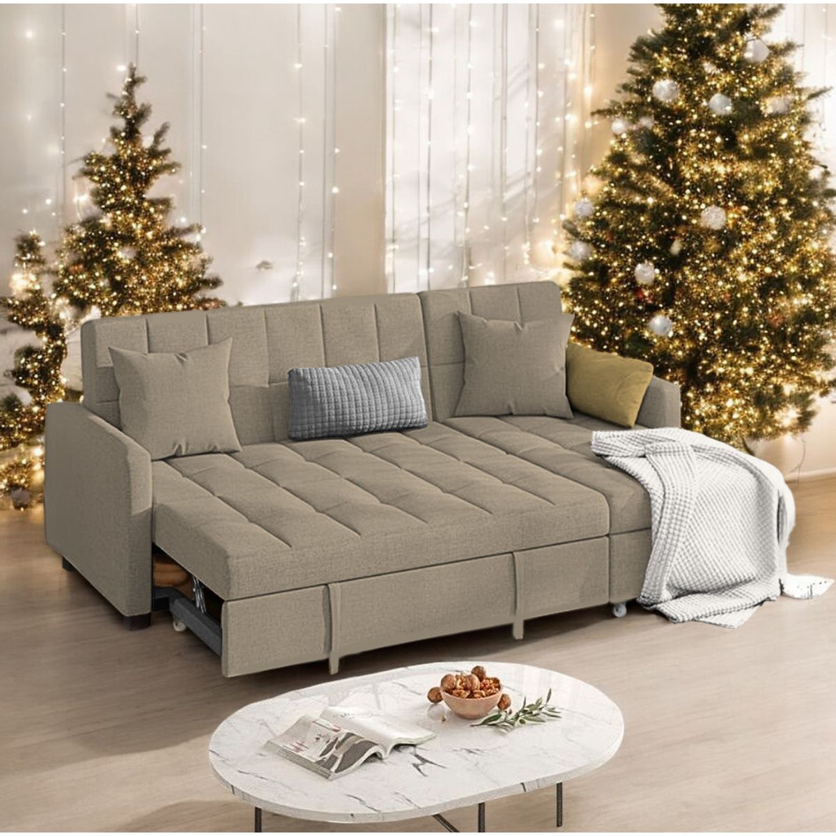 BARAKA HOME - Sofá Cama Multifuncional Rosoman con Almohadas 3 cuerpos - Beige Claro