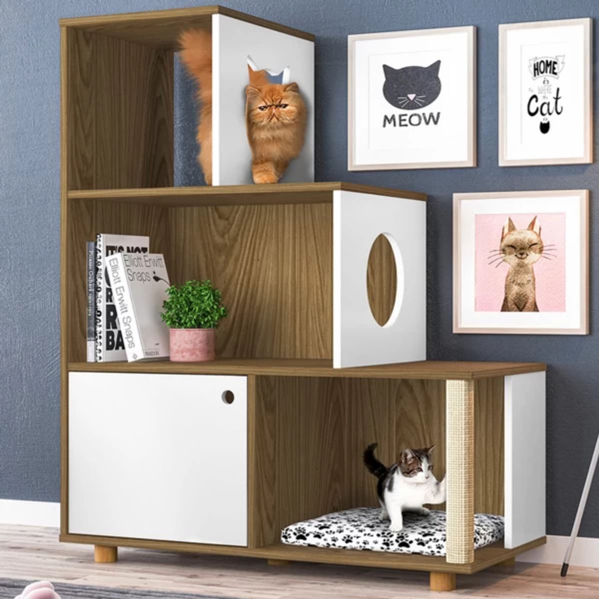 TU MESITA - Estante Moderno Siamés ideal para Mascotas MarrónBlanco TU MESITA