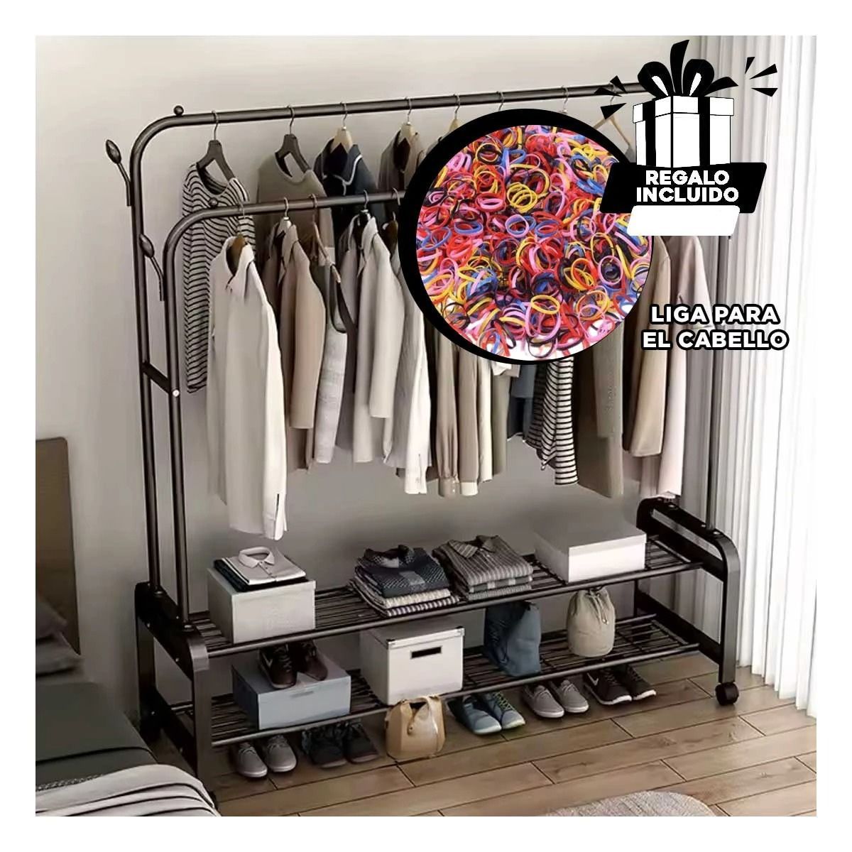 RYBIU IMPORT - Soporte Doble con Ruedas y Perchero Negro Y+Ligas de Regalo