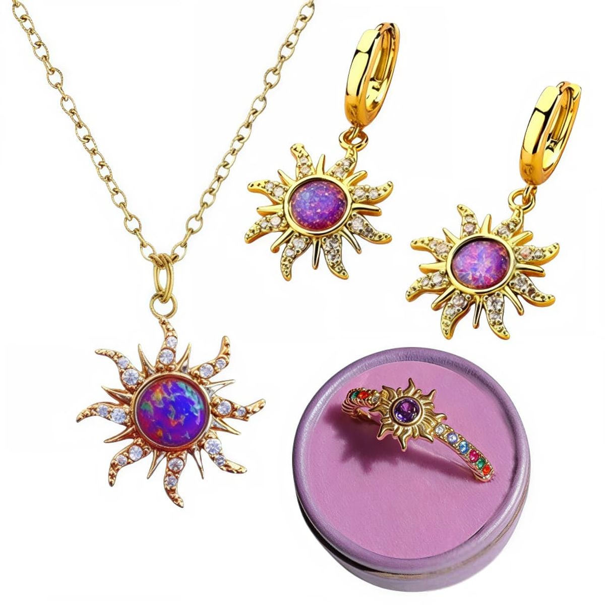 NO LOGO - Set Collar Pulsera Arete De Sol Piedra Opalo Morado Regalo