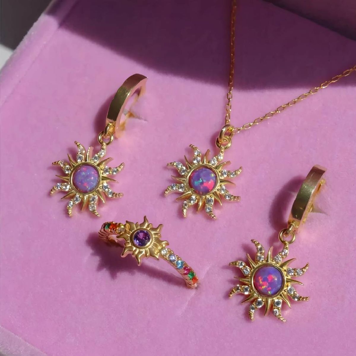 NO LOGO - Set Collar Pulsera Arete De Sol Piedra Opalo Morado Regalo