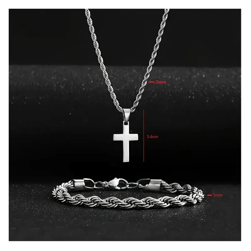 OEM - Collar Cruz + Pulsera Hombre Torcida Set Acero Inoxidable 316L