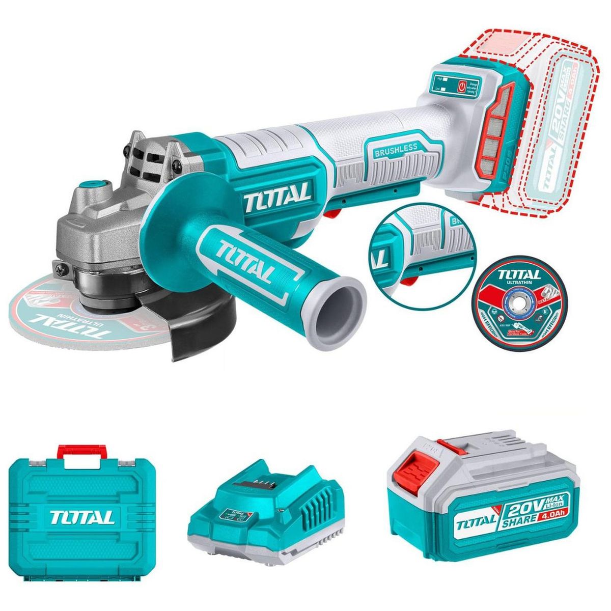 TOTAL TOOLS - Amoladora Angular 4 1/2 Inc. Bateria Cargador Discos Total