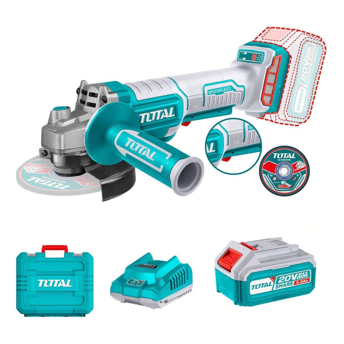 TOTAL TOOLS - Amoladora Angular 4 1/2 Inc. Bateria Cargador Discos Total