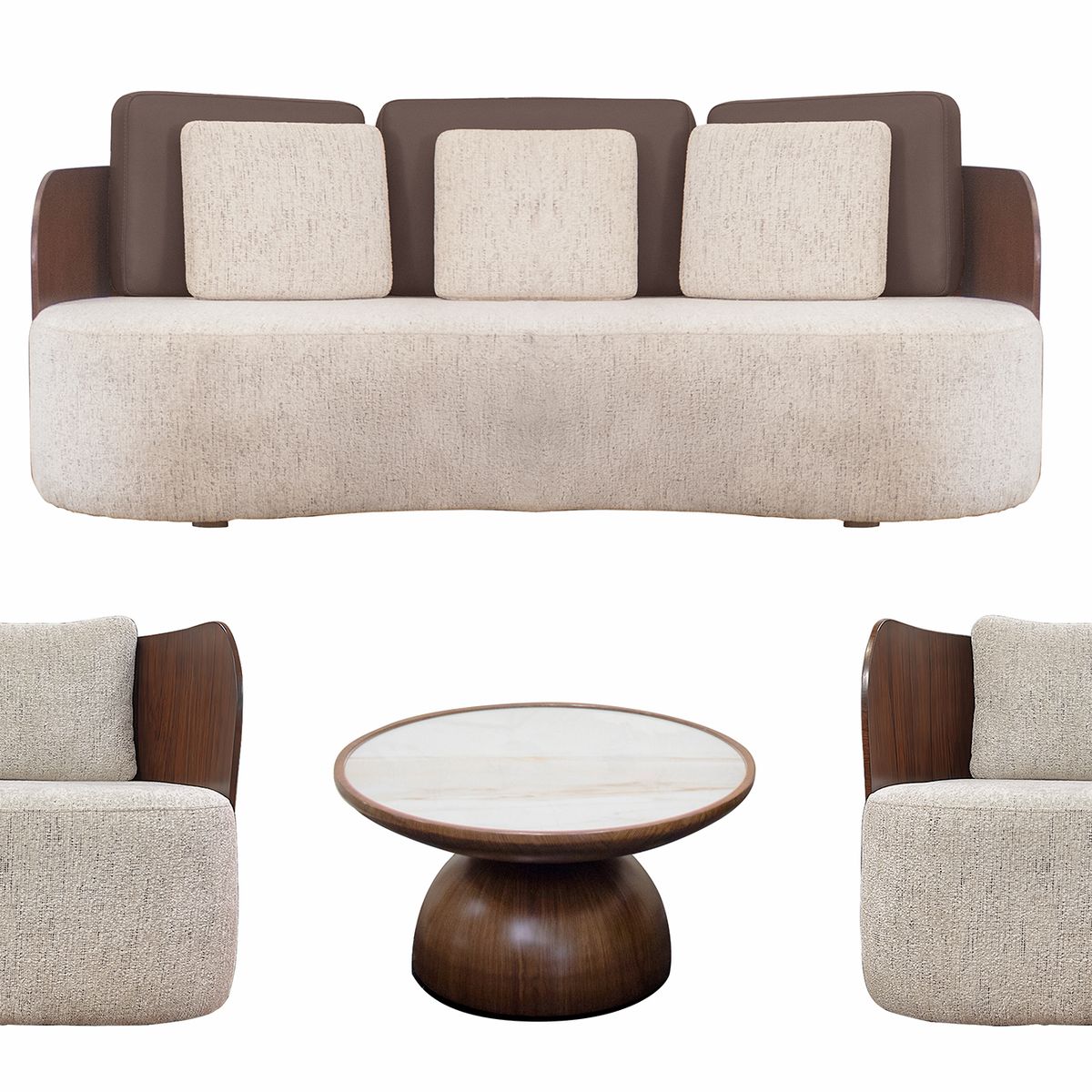 GIORDANO - SOFA MOD. CONCETTA + 2 BUTACAS GIRATORIAS + MESA CENTRAL CUERO Y TELA