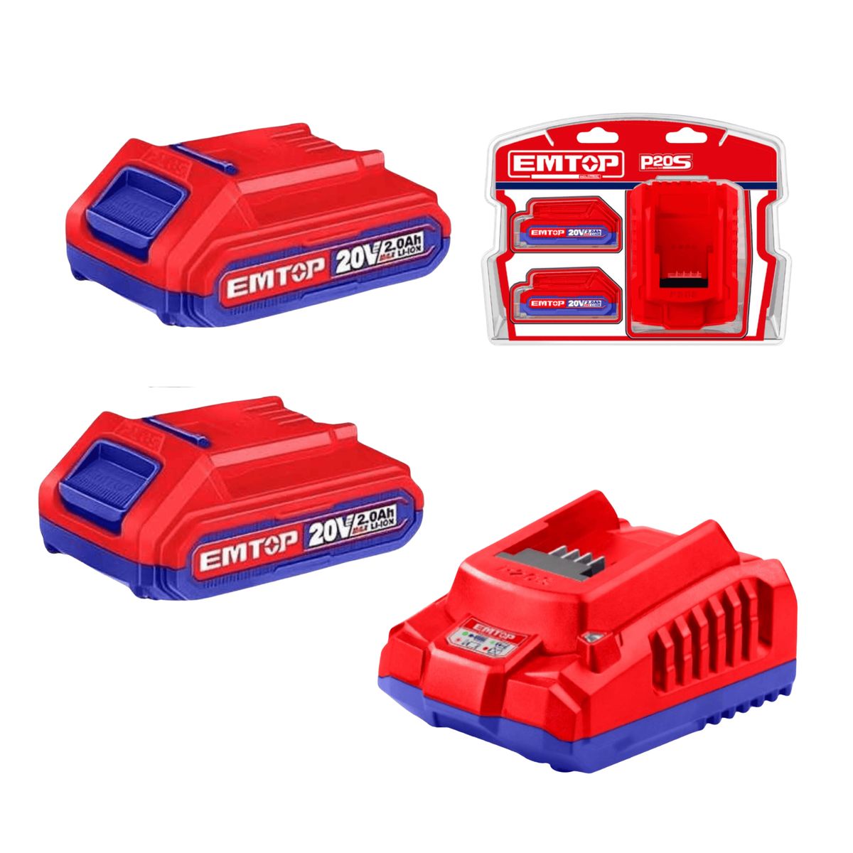 EMTOP - KIT 2 BATERIAS 20V 2.0AH LI-ION + CARGADOR 20V 2.0AH ELBCPK1222-EMTOP