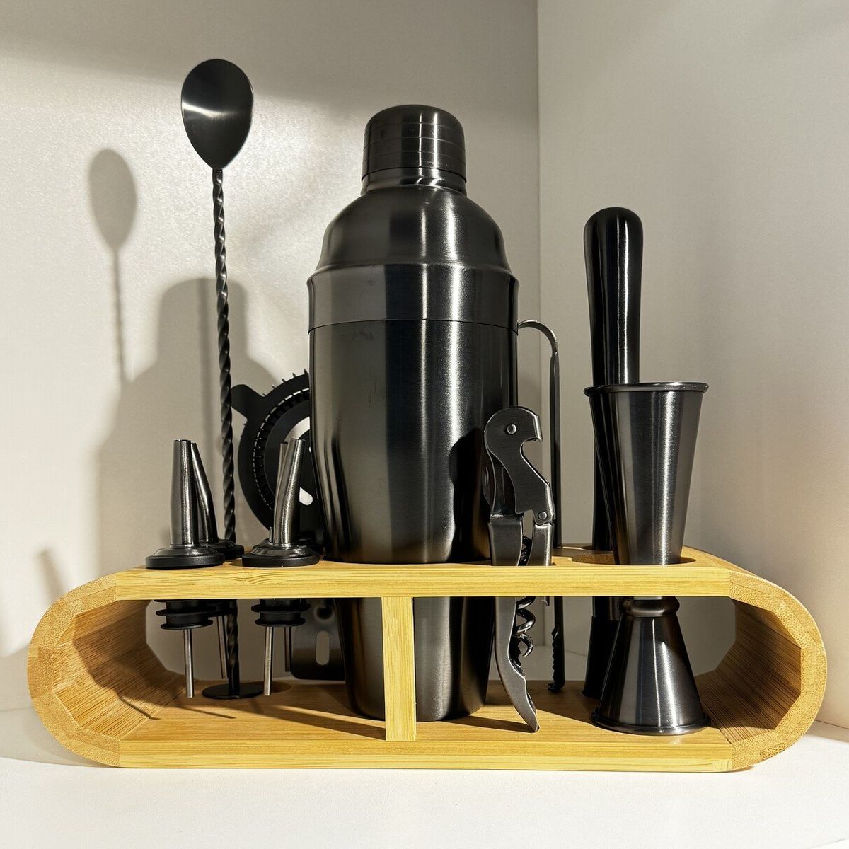 GENERICO - Juego de Coctelera Base de Bamboo– 11 piezas Black Matte