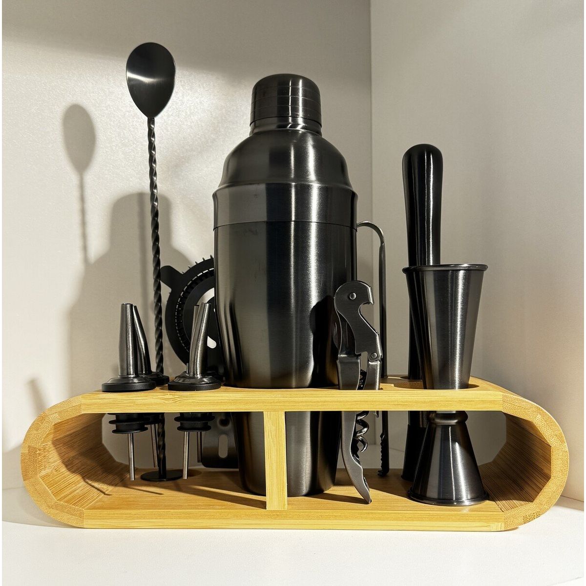 GENERICO - Juego de Coctelera Base de Bamboo– 11 piezas Black Matte