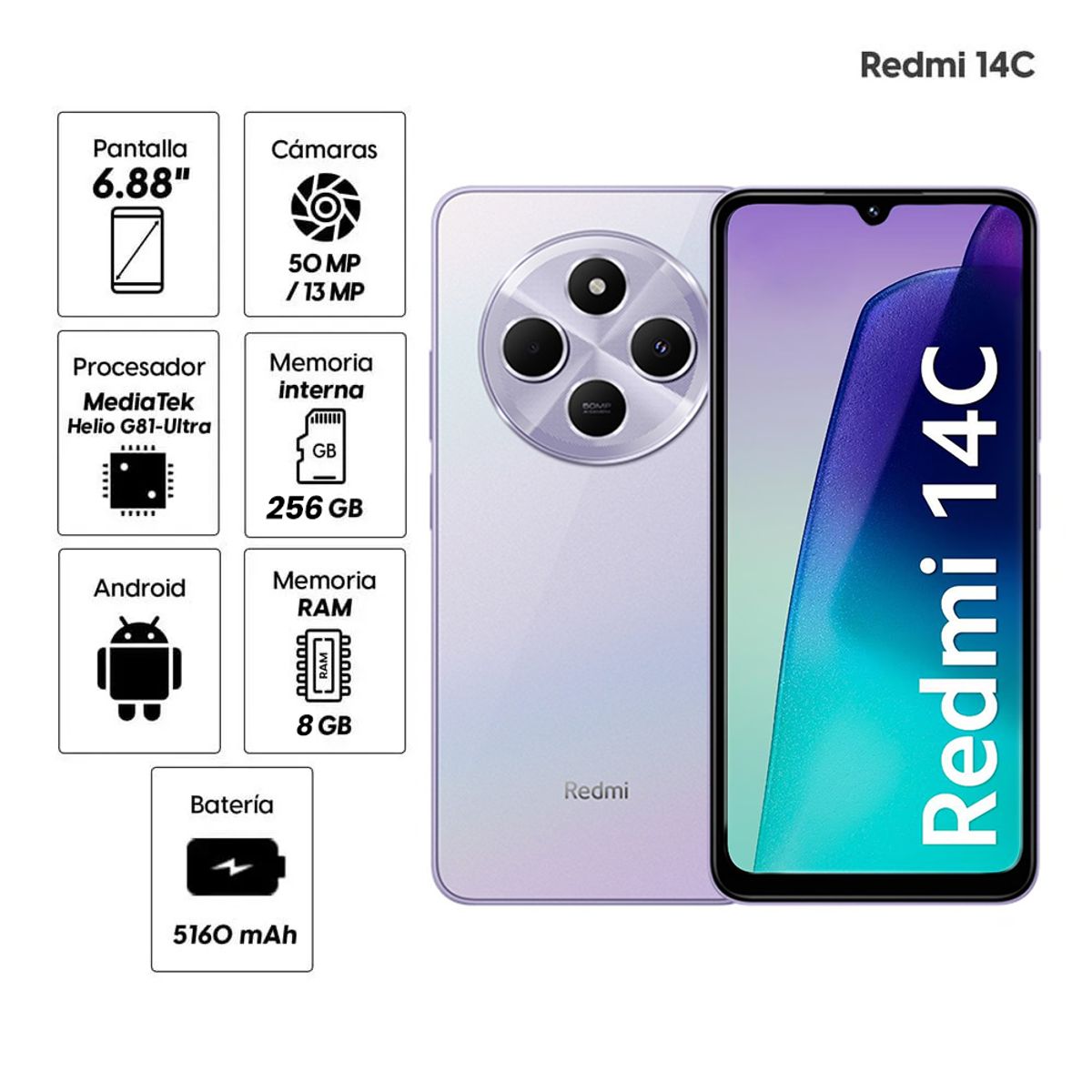 XIAOMI - Celular Xiaomi Redmi 14C 8GB RAM 256GB ROM Morado 4G LTE