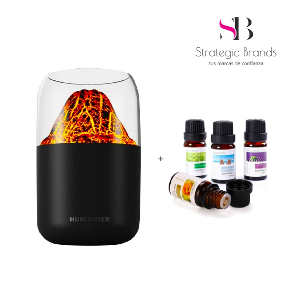 GENERICO - HUMIDIFICADOR DIFUSOR VOLCAN NEGRO CON 4 ESENCIAS