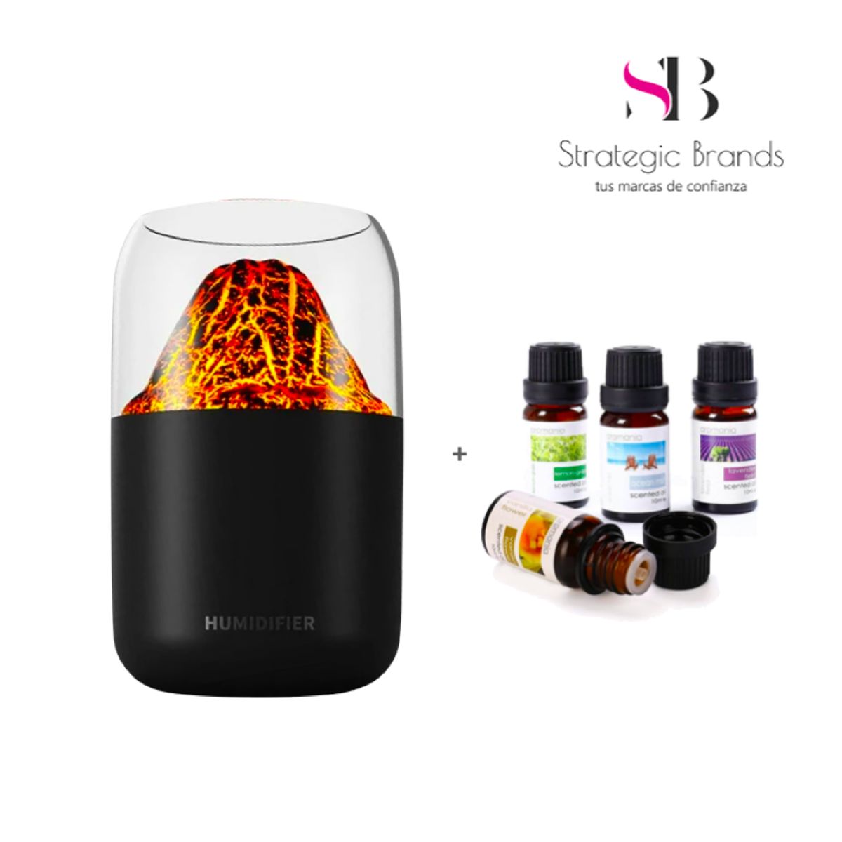 GENERICO - HUMIDIFICADOR DIFUSOR VOLCAN NEGRO CON 4 ESENCIAS