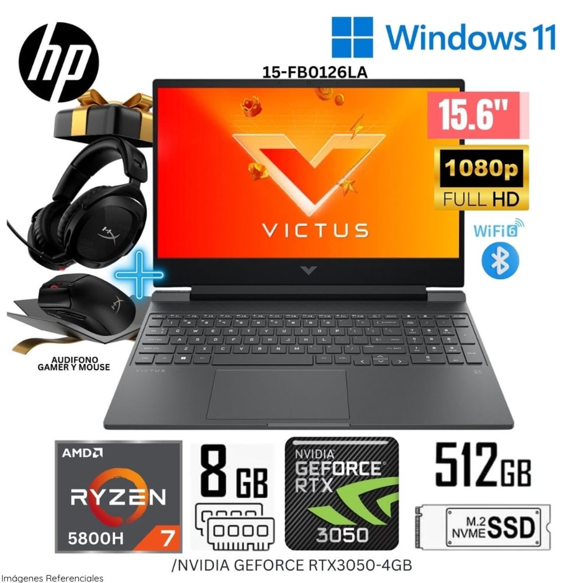 HP - Laptop HP Victus Gaming 15-FB0126LA AMD Ryzen 7-5800H 8GB RAM 512GB SSD 156 FHD RTX3050-4GB+Regalo