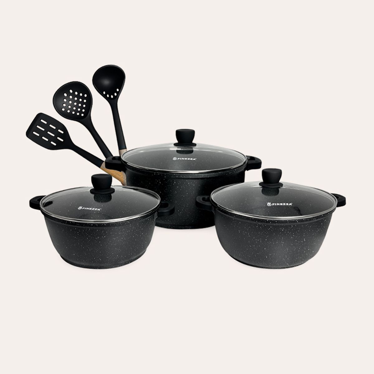 FINEZZA - Juego de ollas aluminio fundido ultragranito de 9 piezas.
