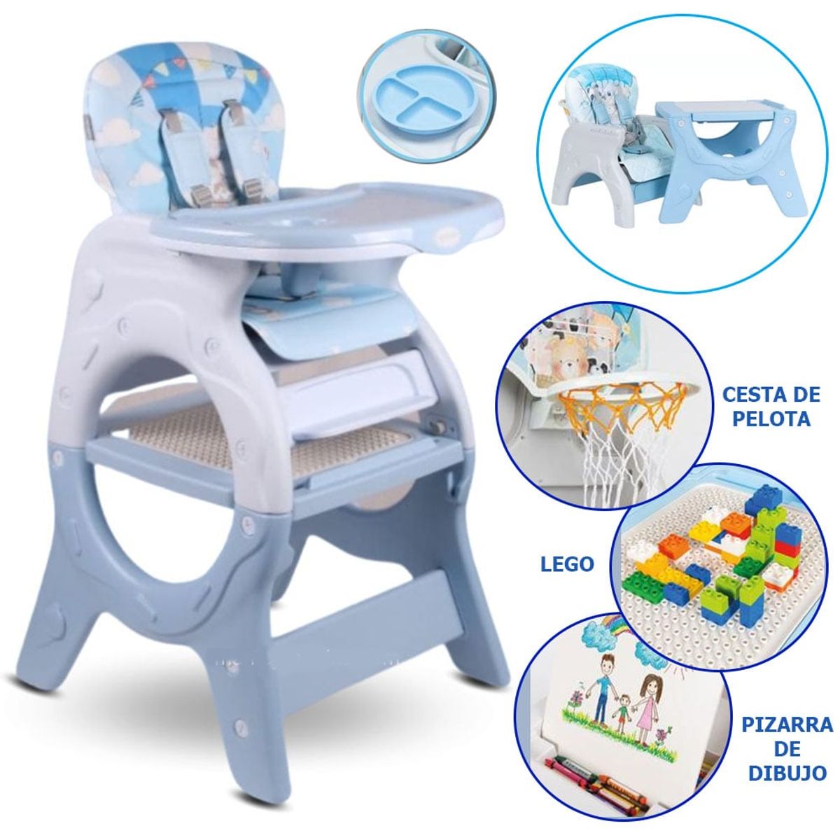 BABY HAPPY - Silla de Comer 6 en 1 Cesta Plato Lego y Pizarra de Dibujo