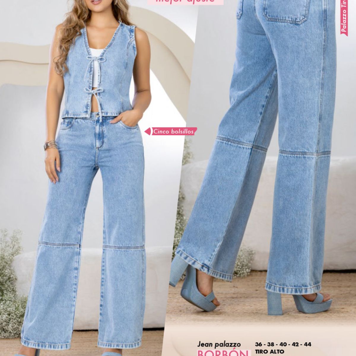 T&T - Jean palazzos de tiro alto con bota amplia y pretina resortada