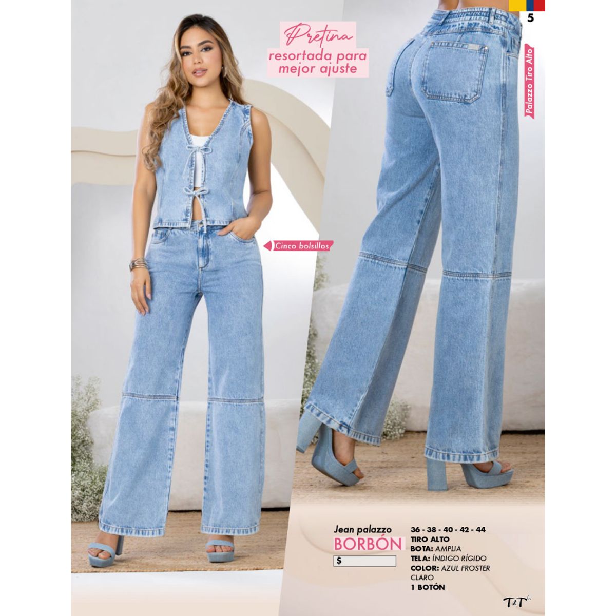 T&T - Jean palazzos de tiro alto con bota amplia y pretina resortada