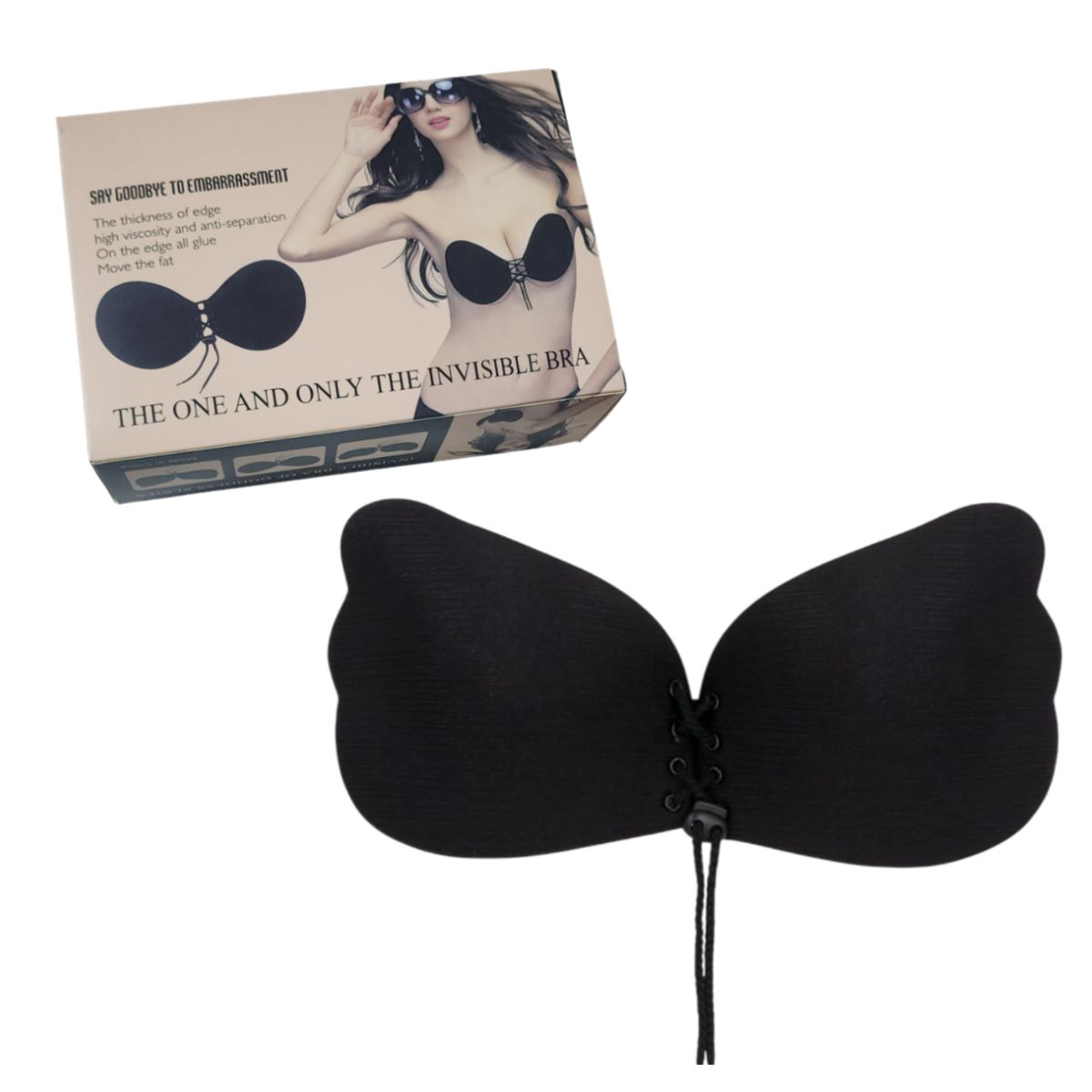 GENERICO - Brasier Sostén Sujetador Invisible Push up con adhesivo y cordón - Negro