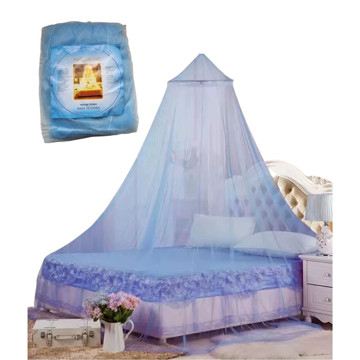 GENERICO - Malla Mosquitera cortina para cama tipo cúpula Celeste