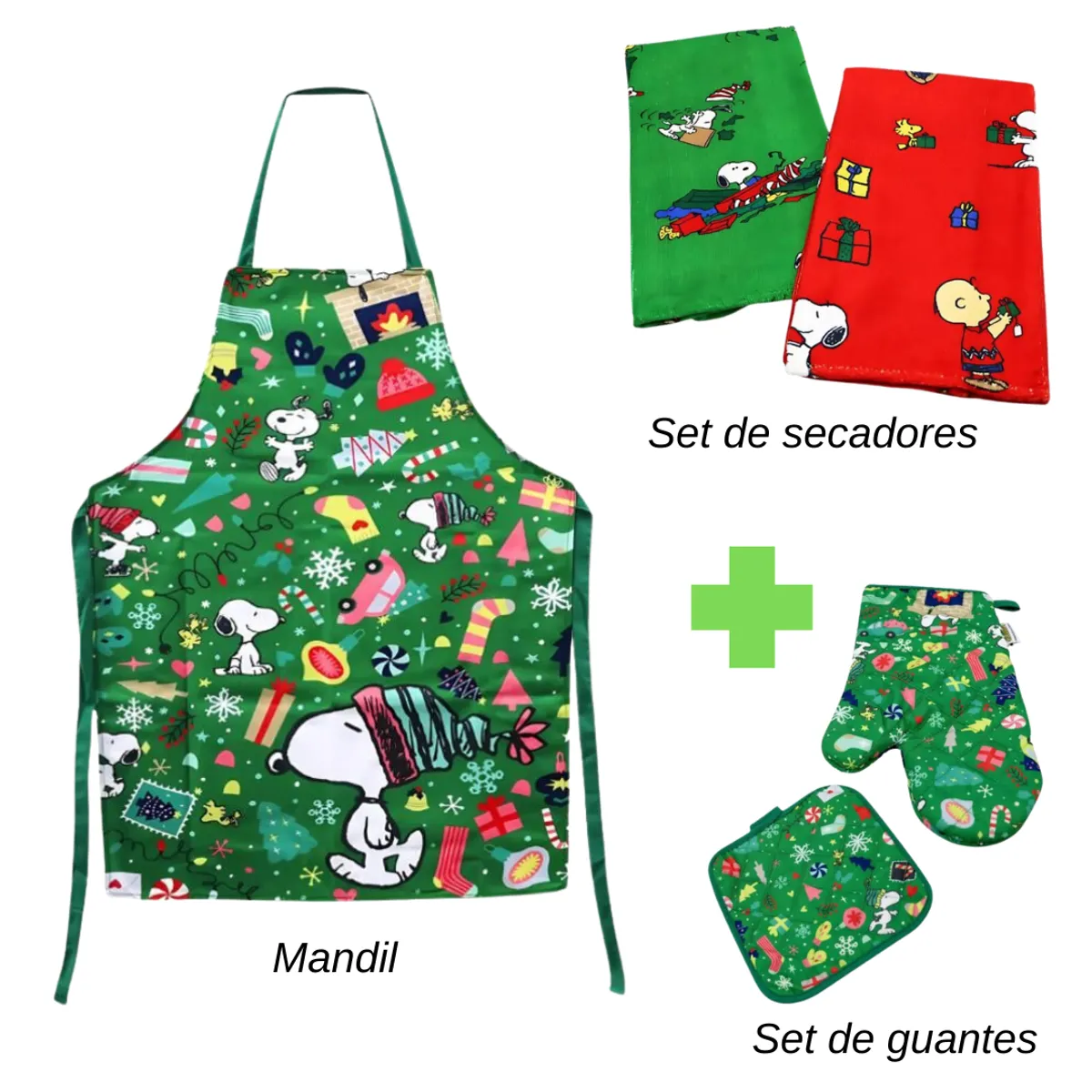 SNOOPY - Set de cocina navideño 3pzs Mandil secadores y guante Snoopy