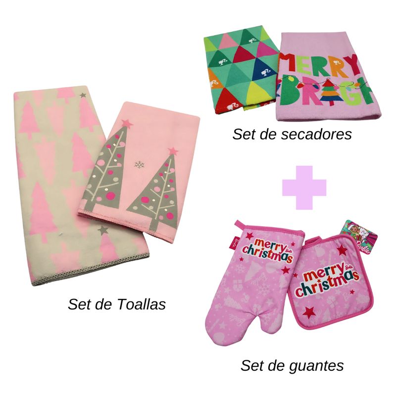 BARBIE - Set de cocina navideño 3pzs Toallas secadores y guante Barbie