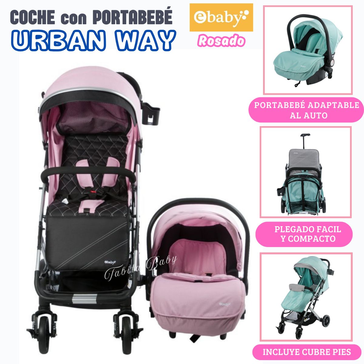 EBABY - Coche Maleta con Portabebé Rosado Urban Way