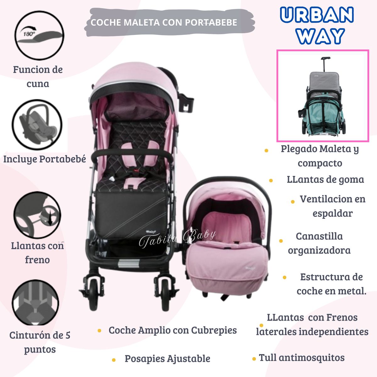 EBABY - Coche Maleta con Portabebé Rosado Urban Way