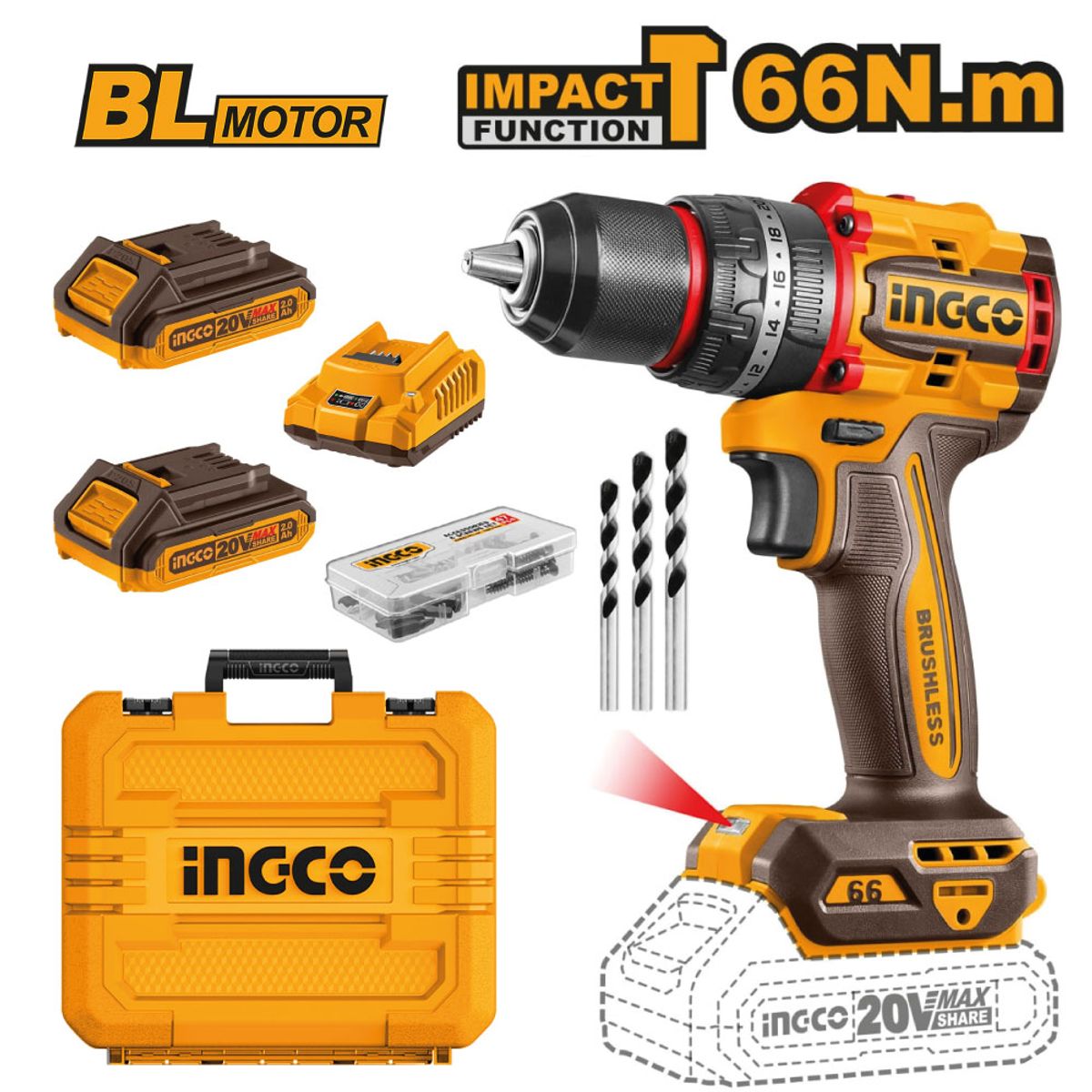 INGCO TOOLS - PERCUTOR BRUSHLESS INGCO 20V 66NM + 2 BATERÍAS 2.0AH CIDLI20668