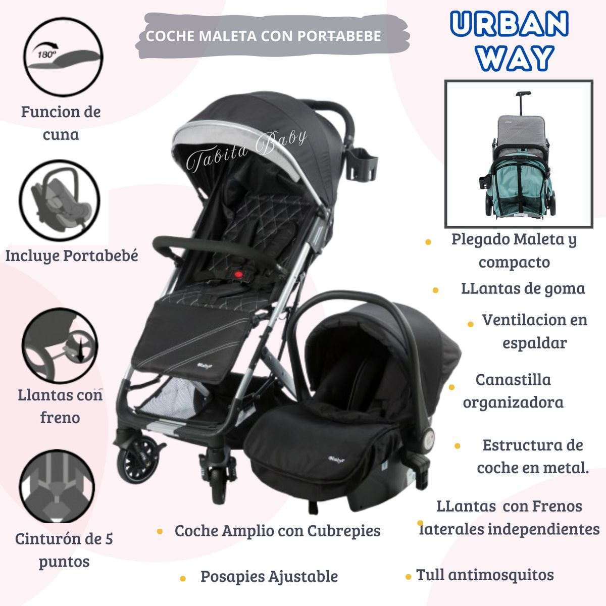 EBABY - Coche Maleta con Portabebé Gris Urban Way