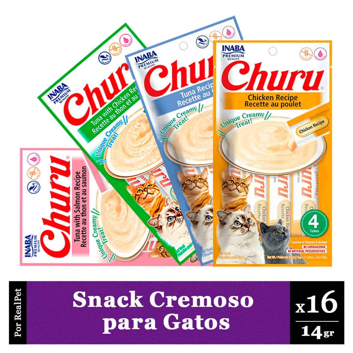 CHURU - Pack x4 Snack Cremoso Gato Churu Varios Sabores 14 gr