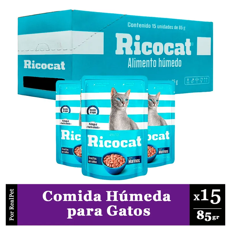 RICOCAT - Pack Caja x15 Comida Húmeda para Gato Ricocat Marinos 85gr