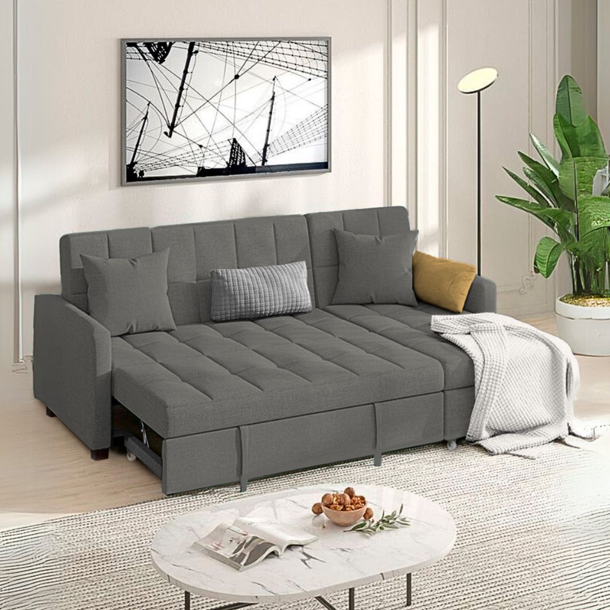 BARAKA HOME - Sofá Cama Multifuncional Rosoman con Almohadas 3 cuerpos - Gris Oscuro