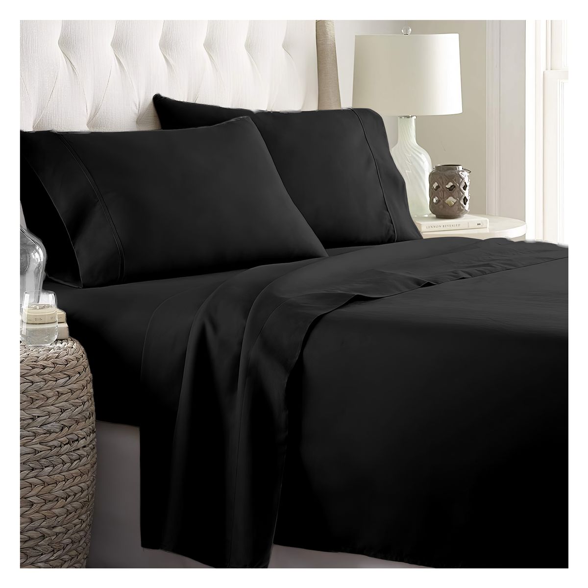 GENERICO - JUEGO DE SÁBANAS 300 HILOS 2 PLAZAS - 4 PIEZAS - Negro - 2 plazas