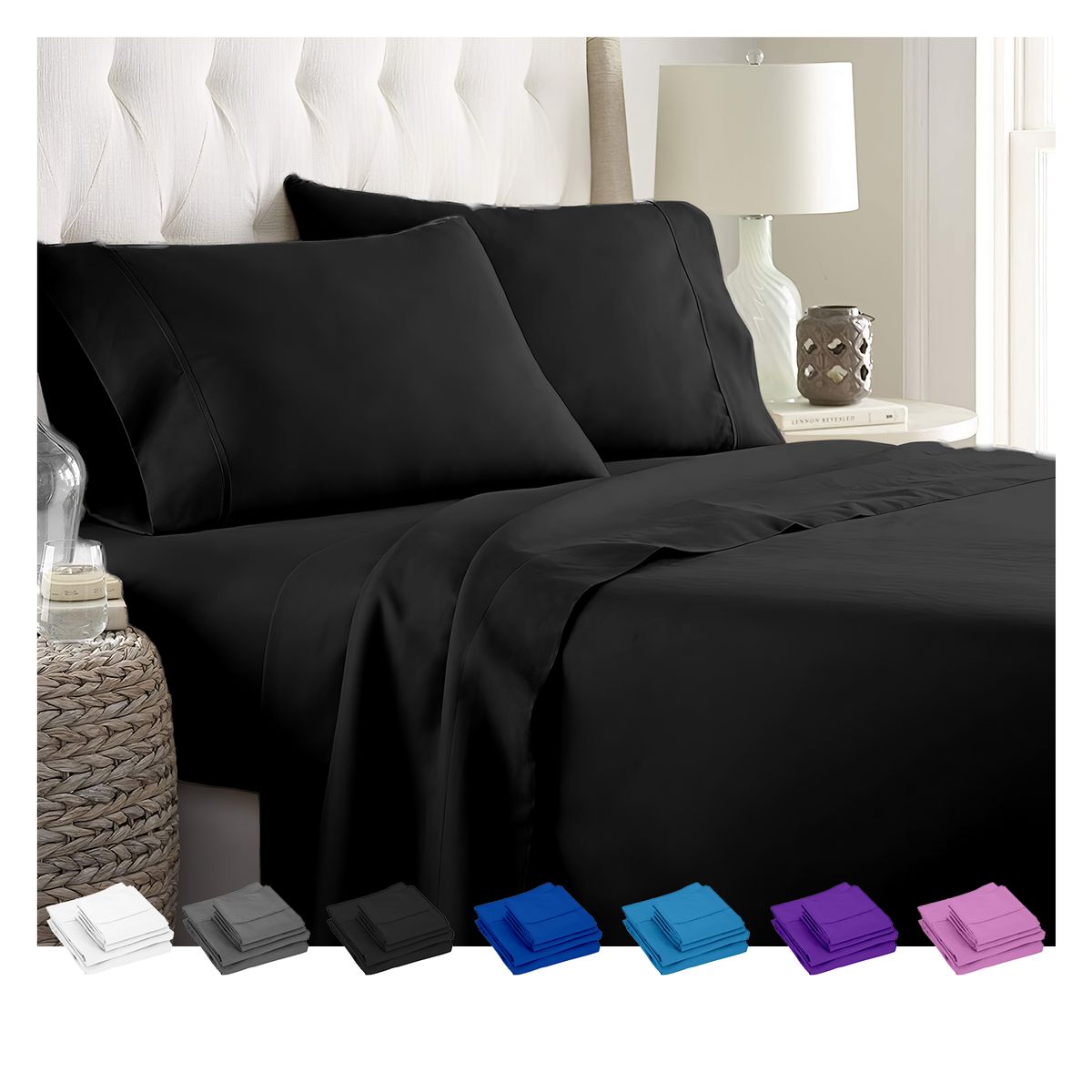GENERICO - JUEGO DE SÁBANAS 300 HILOS 2 PLAZAS - 4 PIEZAS - Negro - 2 plazas