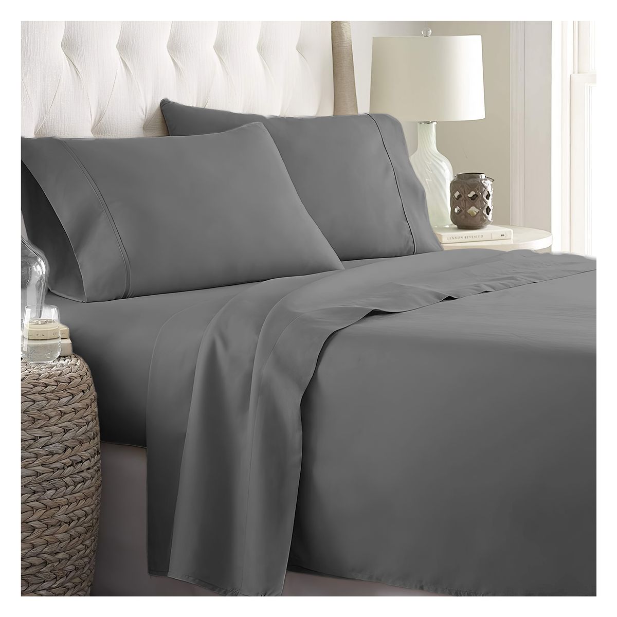 GENERICO - JUEGO DE SÁBANAS 300 HILOS 2 PLAZAS - 4 PIEZAS - Gris - 2 plazas