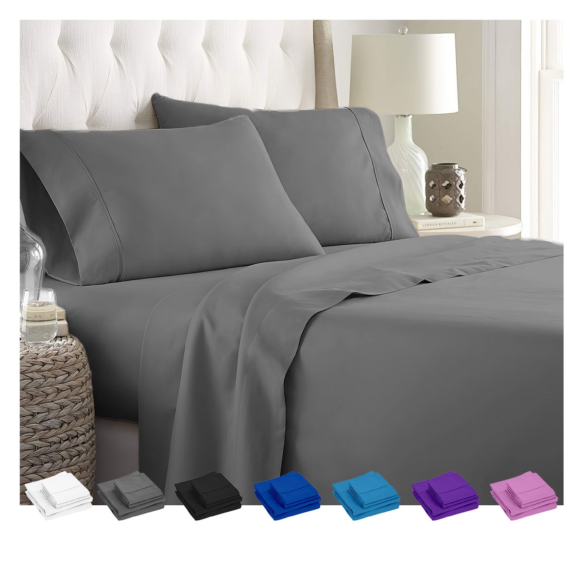 GENERICO - JUEGO DE SÁBANAS 300 HILOS 2 PLAZAS - 4 PIEZAS - Gris - 2 plazas