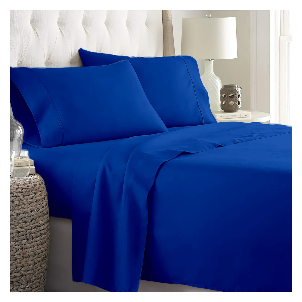 GENERICO - JUEGO DE SÁBANAS 300 HILOS 2 PLAZAS - 4 PIEZAS - Azul - 2 plazas