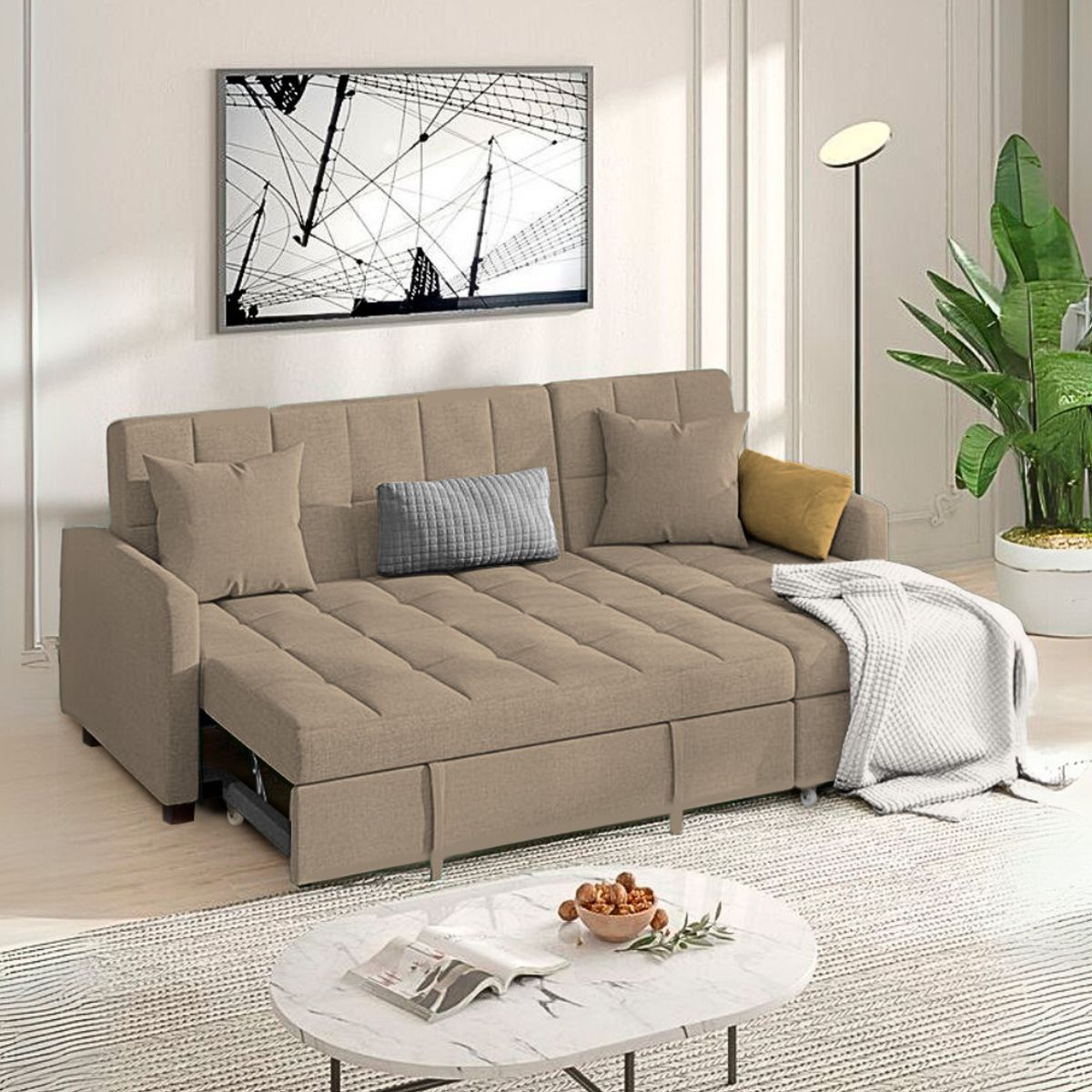 BARAKA HOME - Sofá Cama Multifuncional Rosoman con Almohadas 4 cuerpos - Beige Claro