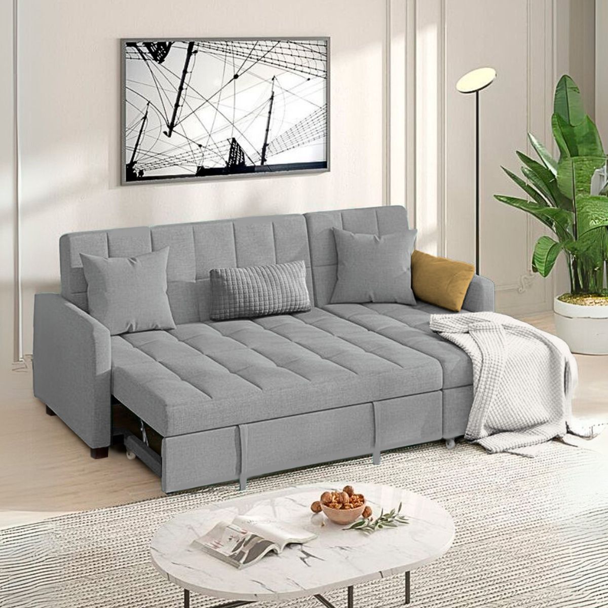 BARAKA HOME - Sofá Cama Multifuncional Rosoman con Almohadas 4 cuerpos - Gris Claro