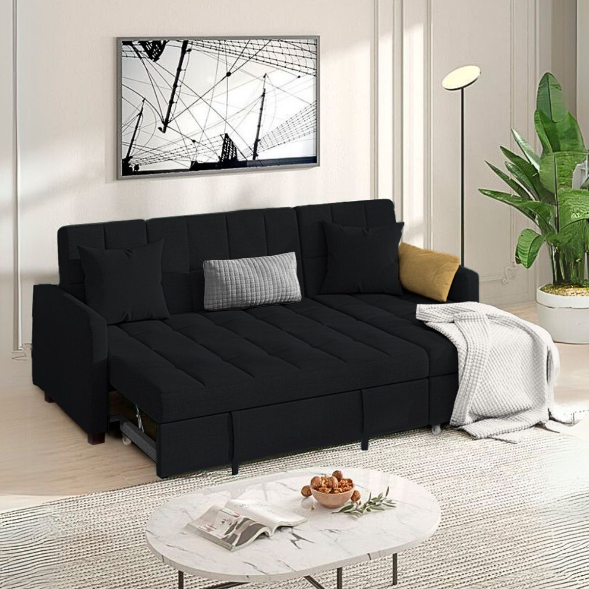 BARAKA HOME - Sofá Cama Multifuncional Rosoman con Almohadas 4 cuerpos - Negro