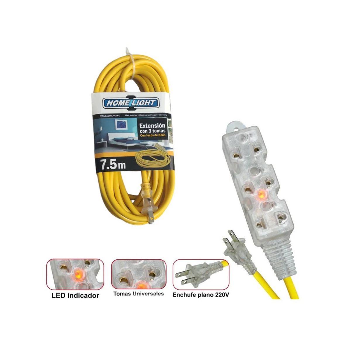 HOME LIGHT - Extension electrica vulcanizado 7.5m 3 tomas amarrillo Home Ligh