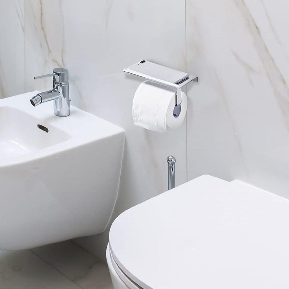 GENERICO - Porta Rollo de Papel Higiénico y Repisa de Acero Satinado Mate