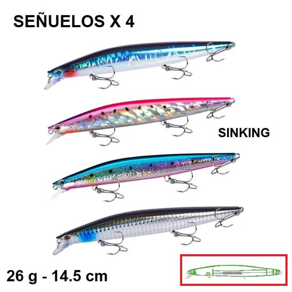 GENERICO - PACK DE 4 SEÑUELOS SINKING DE 26G Y 14.5CM