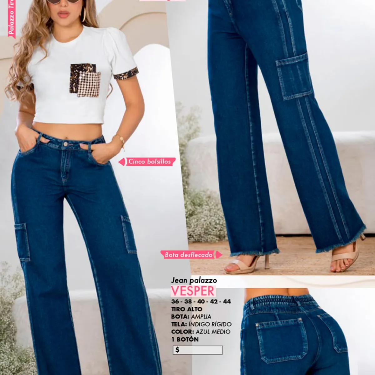 T&T - Jean palazzo de tiro alto y bota amplia con diseño cargo y acabado