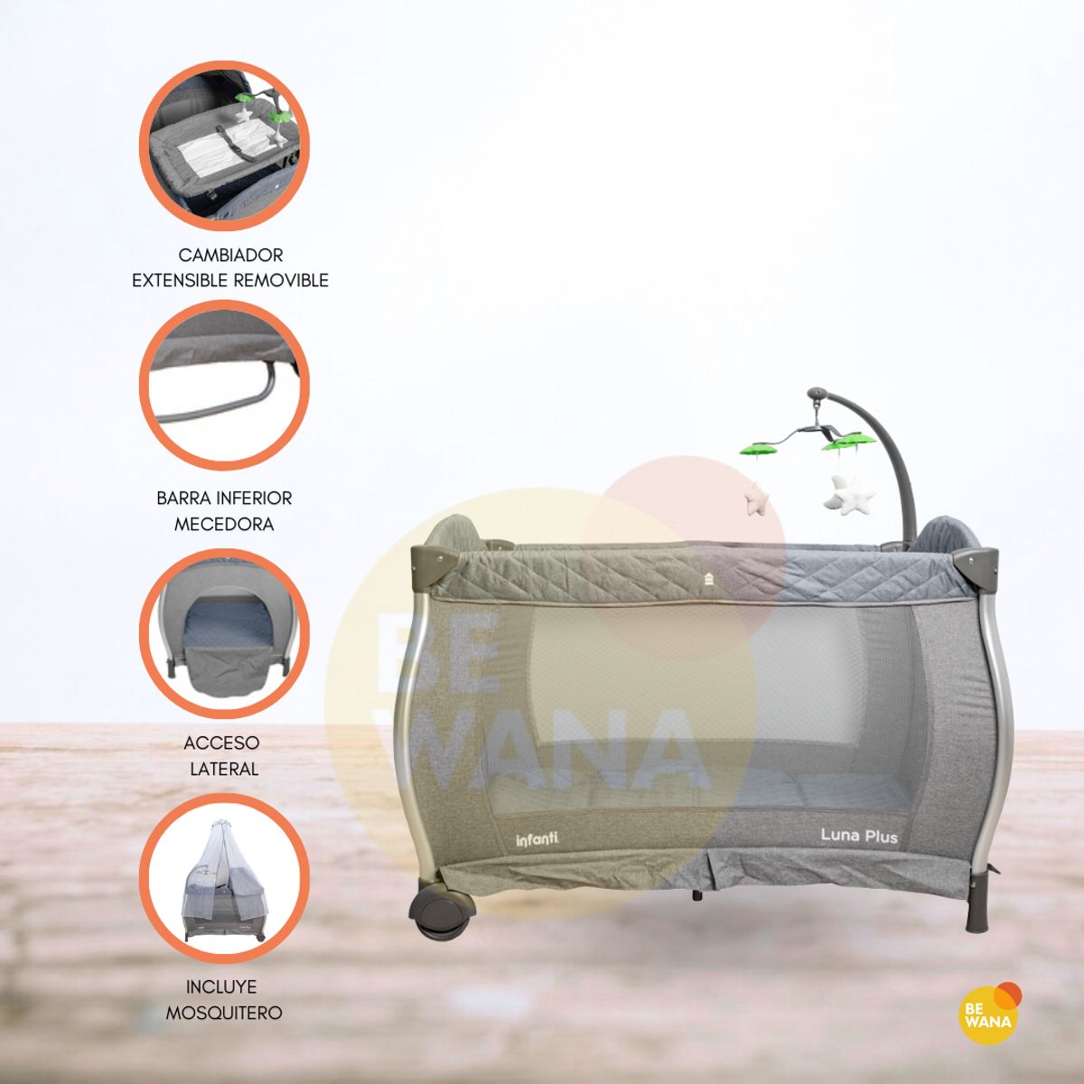 INFANTI - Cuna Corral Plegable para Bebé «LUNA PLUS» Gray