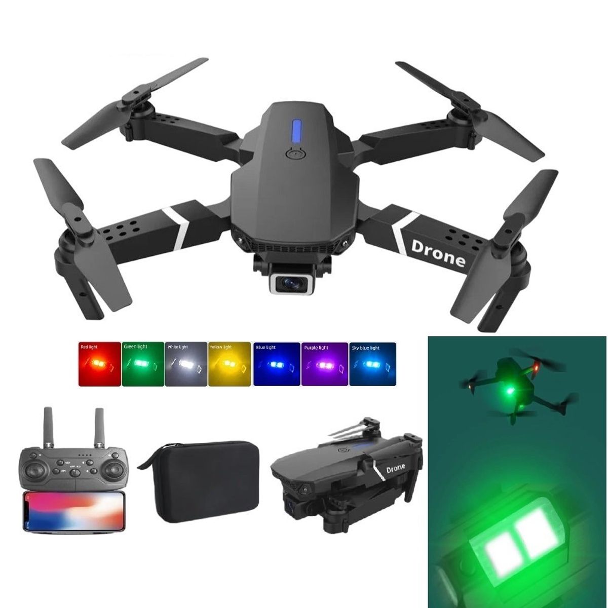 GENERICO - Dron E88 4K Cámara HD + Luz LED RGB  Plegable WiFi  Navidad Genieka