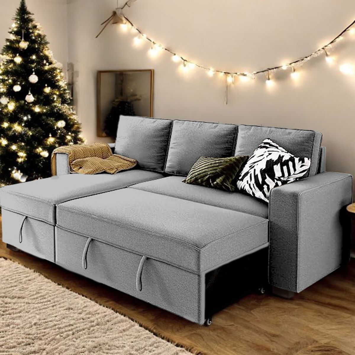 BARAKA HOME - Sofá Cama Multifuncional Radovish con Almohadas 3 cuerpos - Gris Claro