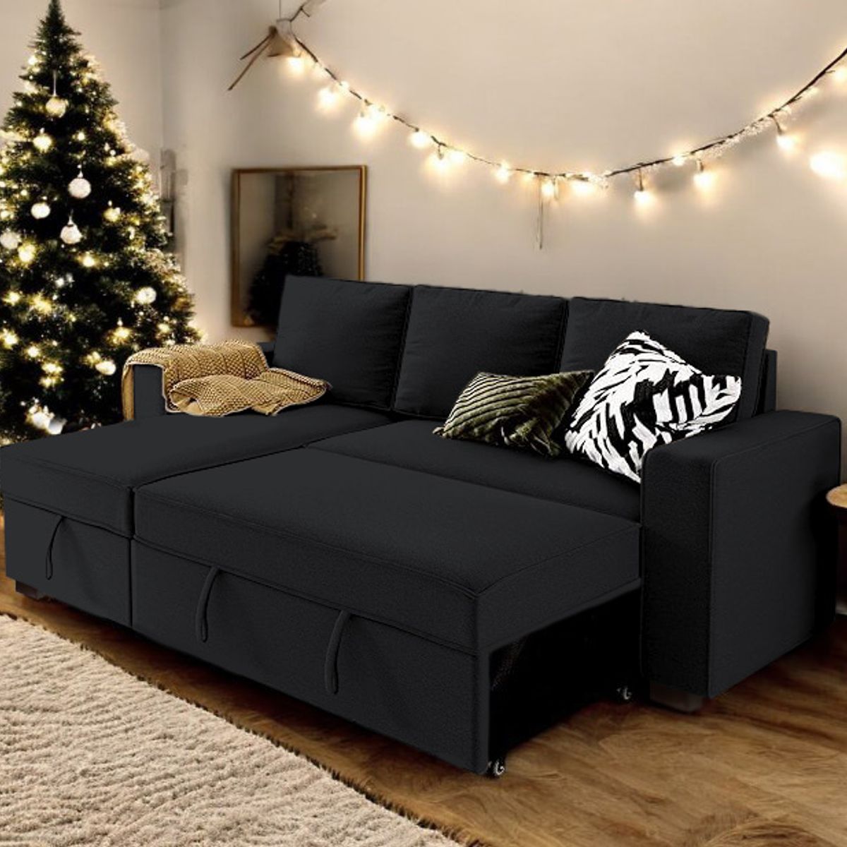 BARAKA HOME - Sofá Cama Multifuncional Radovish con Almohadas 3 cuerpos - Negro