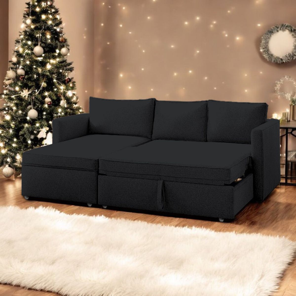 BARAKA HOME - Sofá Cama Multifuncional Kozani 3 cuerpos - Negro