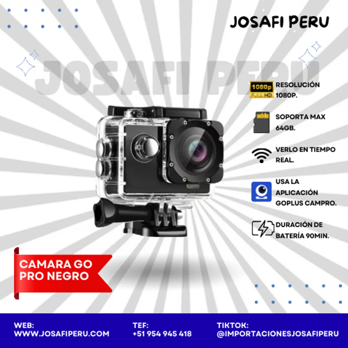 CAMARA DEPORTIVA GOPRO NEGRO FULL HD, marca GENERICO - Foto Principal